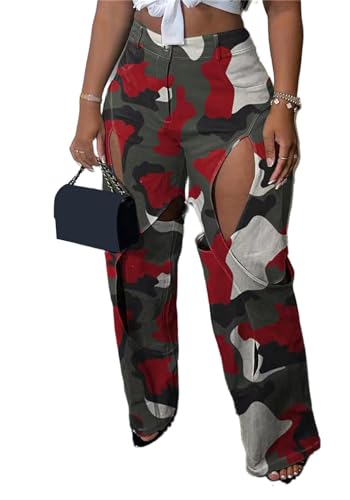 YOOTIKO Damen Camo Cargo Hose Hohe Taille Armee Müdigkeit Lose Gerade Weites Bein Camouflage Hose Streetwear, 1 x Rot, X-Groß von Yootiko