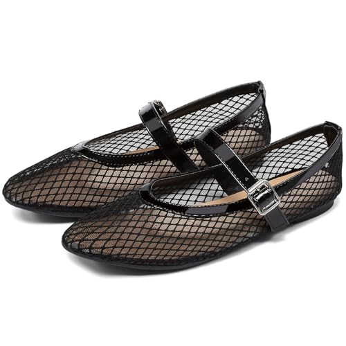 Damen Mesh Ballerinas Runde Zehen Fischnetz Ballerina Flats Schnalle Riemen Mary Jane Ballerinas für Partys oder Freizeitschuhe, Schwarz, 38.5 EU von YorFotMae