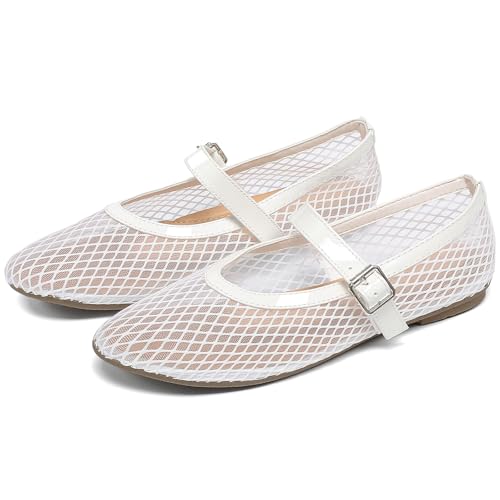 Damen Mesh Ballerinas Runde Zehen Fischnetz Ballerina Flats Schnalle Riemen Mary Jane Ballerinas für Partys oder Freizeitschuhe, Weiss/opulenter Garten, 37.5 EU von YorFotMae
