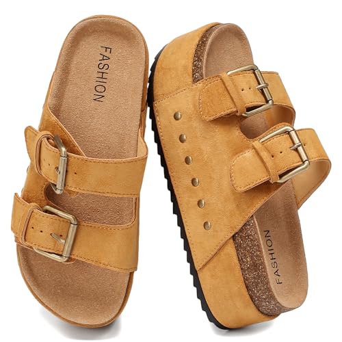 YorFotMae Damen Plateau Sandalen Kork-Fußbett mit Doppelschnallen Sommer Chunky Keilsandalen Weite Slides Komfort Strand Clogs Sandalen, Braun, 36 EU YorFotMae Damen Plateau Sandalen Kork-Fußbett mit Doppelschnallen Sommer Chunky Keilsandalen Weite Slides Komfort Strand Clogs Sandalen, Braun, 36 EU von YorFotMae
