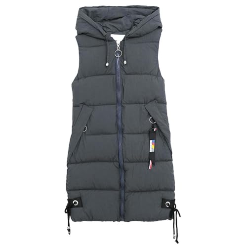Yorajuy Ärmellose Gesteppte Lange Pufferweste Für Damen, Leichte Gepolsterte Steppwesten Mit Kapuze, Durchgehender Reißverschluss, Jackenmäntel Mit Taschen, Mittellange Wintermäntel Im Winter von Yorajuy