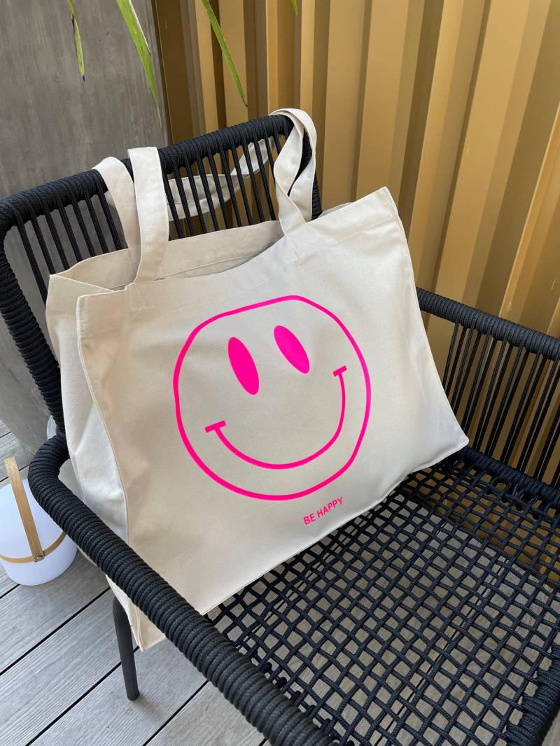 Shopper Tasche Tote Bag Smiley Be Happy Individuell Personalisiert Recycelter Stoff Bio Baumwolle Einkaufen Reisen Strand Geschenk Freundin von Yoricuckoo