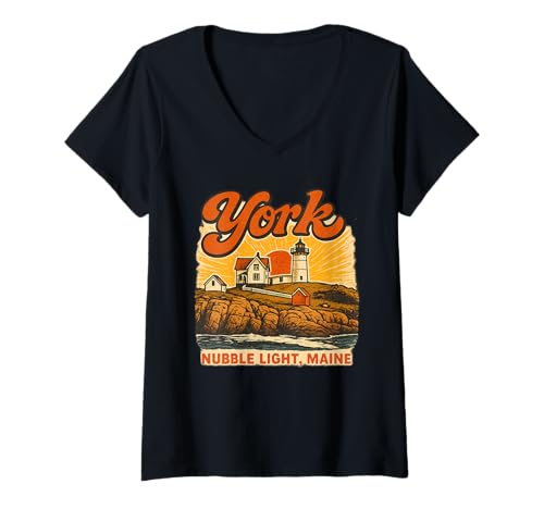 Damen York Nubble Light Maine Leuchtturm, Souvenir am Kap Neddick T-Shirt mit V-Ausschnitt Damen York Nubble Light Maine Leuchtturm, Souvenir am Kap Neddick T-Shirt mit V-Ausschnitt von York Beach Sunrise Coastal Maine Lighthouse Art