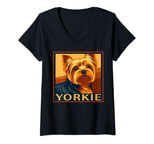 Damen Yorkie Yorkshire Terrier Retro-Porträt T-Shirt mit V-Ausschnitt Damen Yorkie Yorkshire Terrier Retro-Porträt T-Shirt mit V-Ausschnitt von Yorkie Lover Gifts