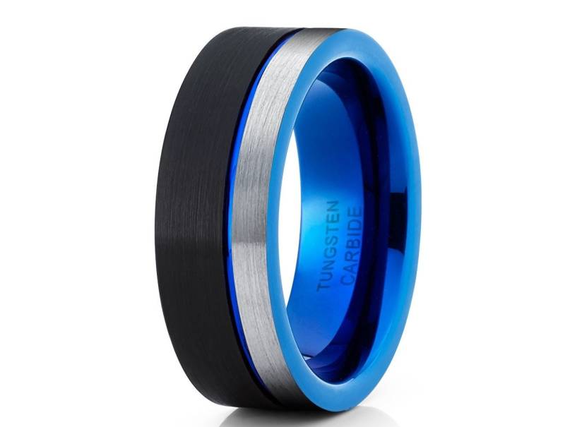 Blau Wolfram Ehering Schwarz Wolframring Männer & Frauen Jubiläumsring Verlobungsring Silber Pinsel Comfort Fit von YorksJewelryDesign