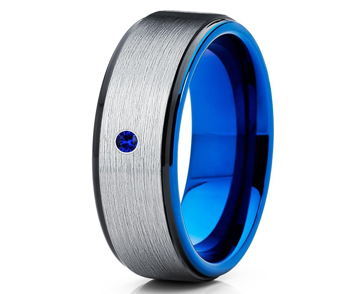 Blauer Saphir Ring, Ehering, Herren Frauen Jahrestag Verlobungsring, Schwarzer Comfort Fit von YorksJewelryDesign
