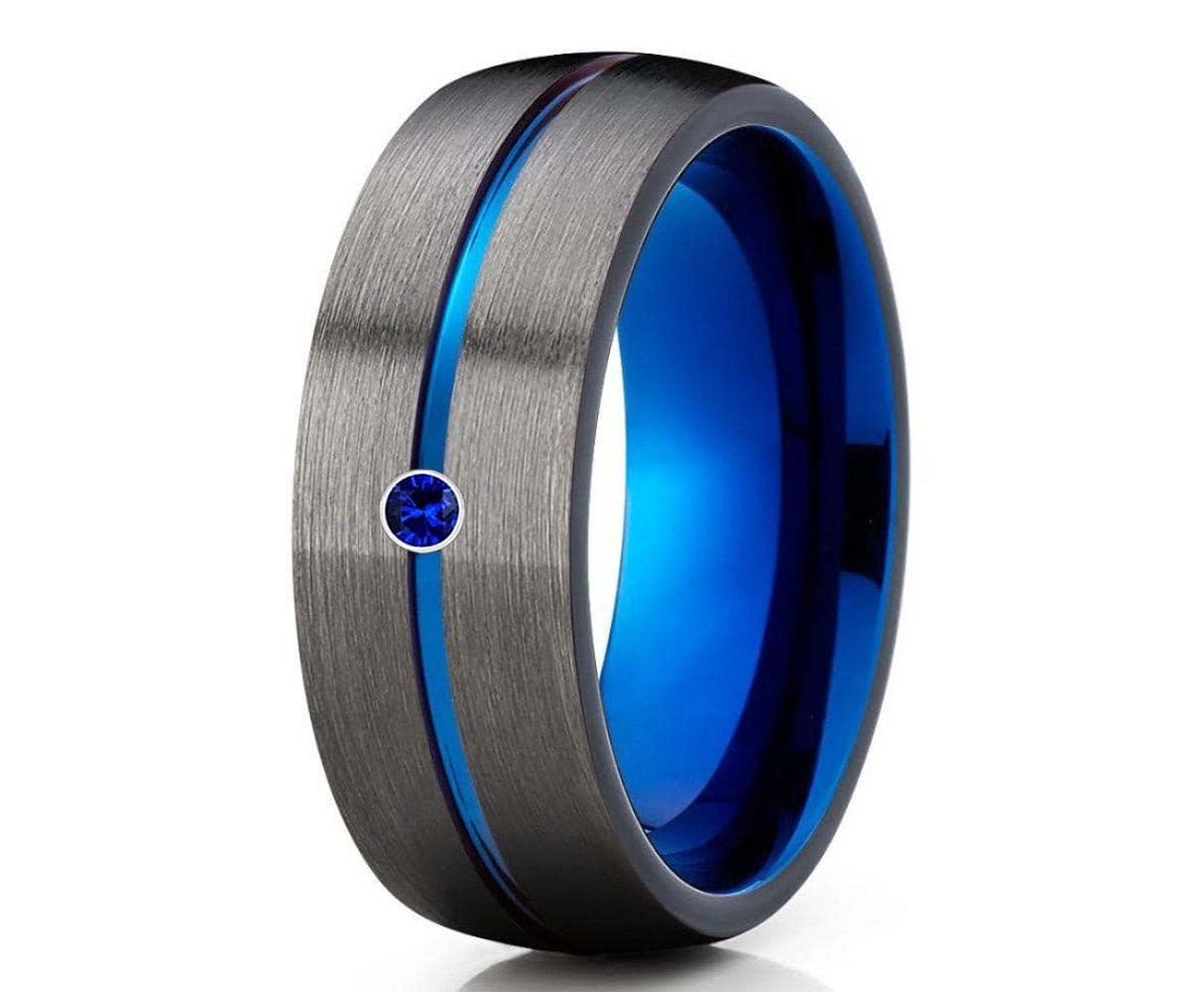 Blauer Saphir Ring, Gunmetal Ehering, Hartmetall Ring, Herren & Frauen, Einzigartiger Ehering, Jahrestag Ring, Verlobungsring, Dome von YorksJewelryDesign