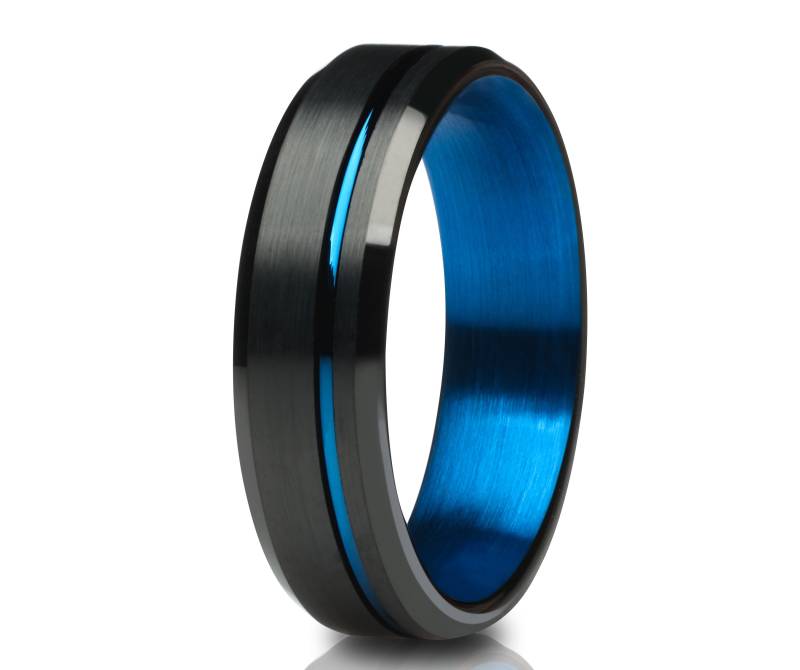 Blauer Wolfram Ring, Schwarzer Ring, Jubiläumsring, Matte Fertige Ring, Hartmetall Ring, Herren & Frauen, Blauer Ehering, Comfort Fit von YorksJewelryDesign
