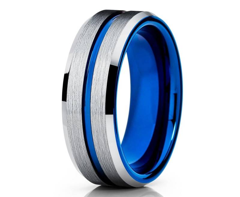 Blauer Wolframring Silber Männer & Frauen Wolframcarbid Ring Jubiläum Gebürstet von YorksJewelryDesign