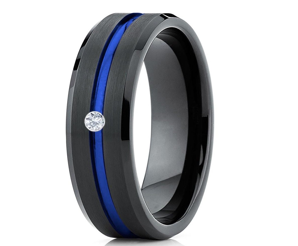 Diamant Ehering, Blauer Wolfram Ring, Jahrestag Ring, Weißer Ring, Hartmetall Ring, Verlobungsring, Schwarzer Ehering von YorksJewelryDesign