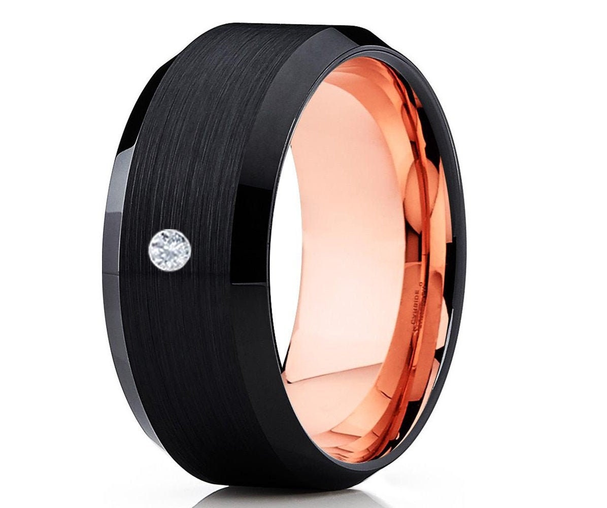 Diamant Ehering, Schwarzer Ehering, Rosegold Ring, Einzigartiges Ehering, Tungsten Band, Brush Wedding Ring, Jubiläumsring, Verlobungsband von YorksJewelryDesign