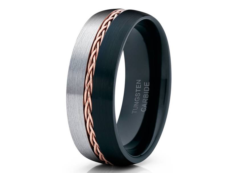 Gebürstet Grau Schwarz Wolfram Ring Rosegold Ehering 18K Rose Gold Männlich Frauen Jubiläum Comfort Fit von YorksJewelryDesign