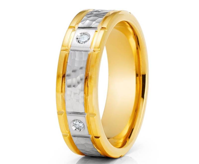 Gehämmerte Gold Ehering Diamant Männer & Frauen Satin Finish Komfort Passform von YorksJewelryDesign