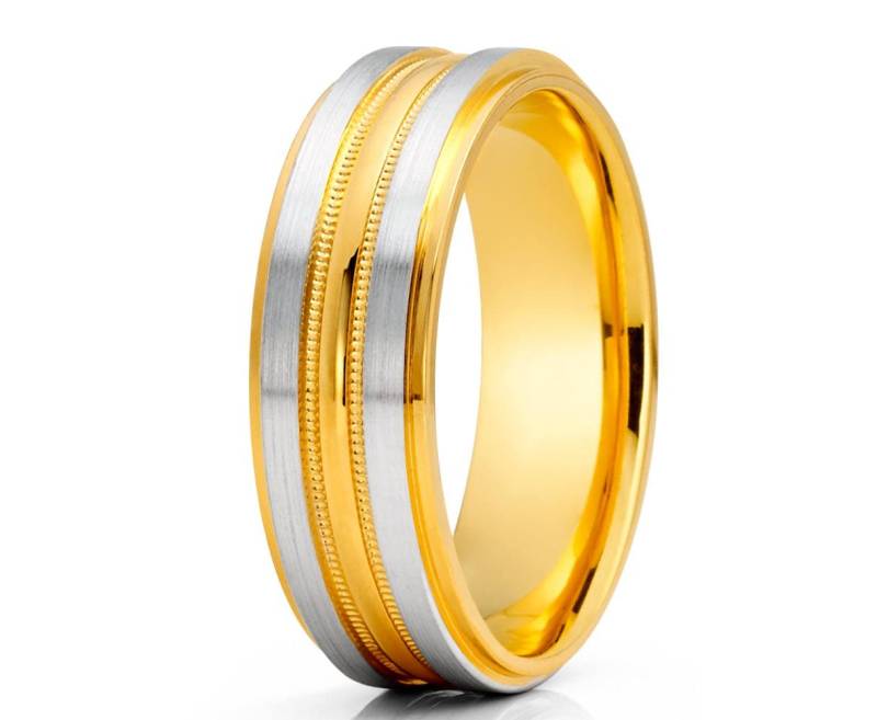 Gelbgold Ehering Milgrain Designer 14K Weißgold Trauring Jahrestagring Verlobungsring Comfort Fit von YorksJewelryDesign