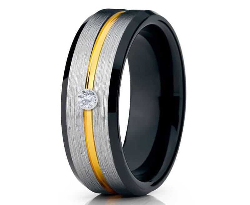 Gelbgold Wolfram Ehering Schwarzer Wolframring Männer & Frauen Hartmetallring Jubiläum Band Weißer Diamant Ring von YorksJewelryDesign