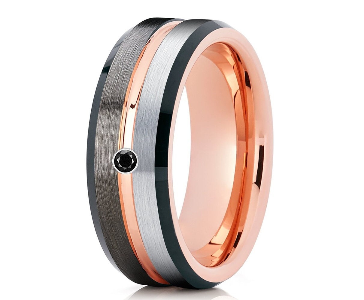 Grauer Wolfram Ehering, Schwarzer Diamant Ehering, Herren & Frauen, Hartmetall Ring, Einzigartiges Ehering, 18K Roségold Band, Jubiläum von YorksJewelryDesign