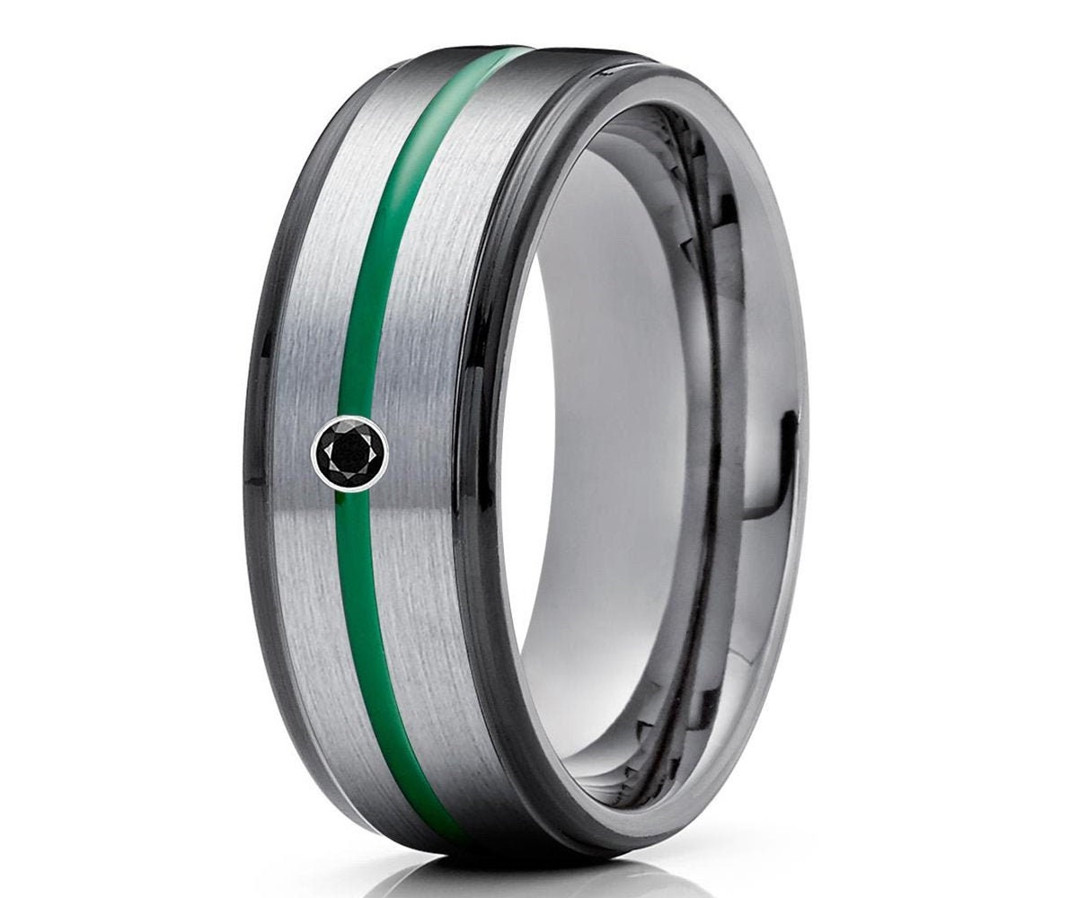 Grüner Ehering, Gunmetal Ehering, Schwarzer Diamant Ring, Hartmetall Ring, Jahrestag Ring, Einzigartiger Ehering, Männer & Frauen, Brush von YorksJewelryDesign