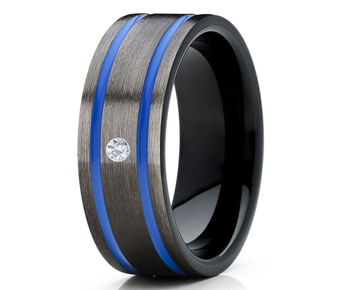 Herren Ehering, Gunmetal Tungsten Ring, Weißer Diamant Ring, Jahrestag Ring, Einzigartiger Wolfram Ring, Frauen Ehering, Comfort Fit Ring von YorksJewelryDesign