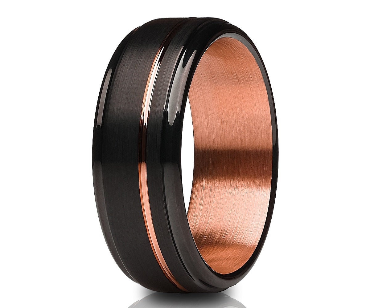 Herren Ehering, Rosegold Wolfram Ring, Jahrestag Einzigartiger 18K Roségold Schwarzer Verlobungsring von YorksJewelryDesign