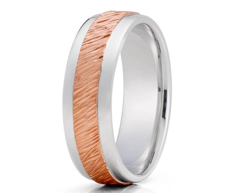 Holzmaserung Rosegold Ehering 14K Roségold Trauring Männer & Frauen Weißer Golf Jubiläumsring Comfort Fit Ring von YorksJewelryDesign