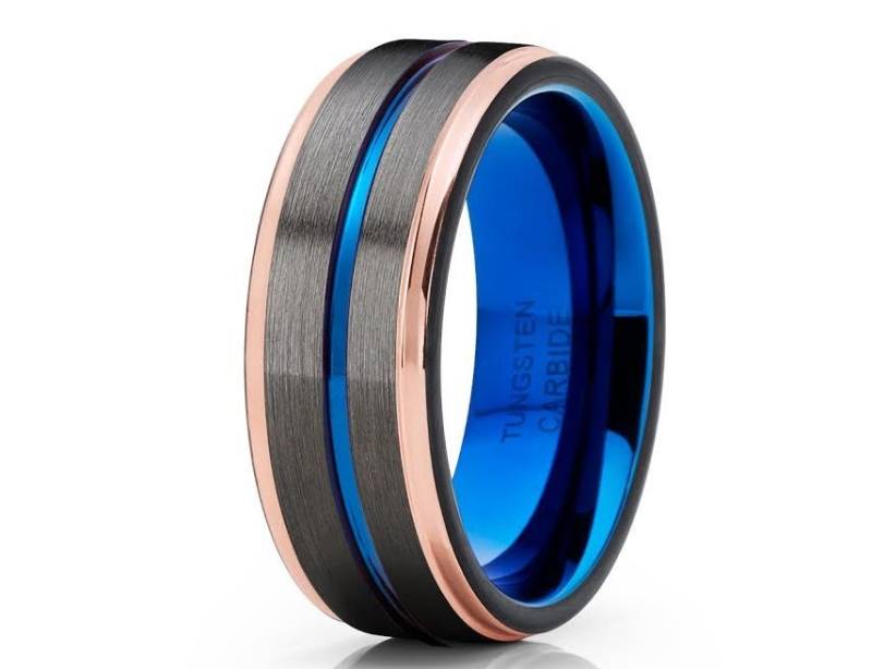 Rosegold Wolfram Ring, Blau Gunmetall Jubiläumsring, Männer & Frauen, 18K Rosegold, Verlobungsring, Einzigartig von YorksJewelryDesign