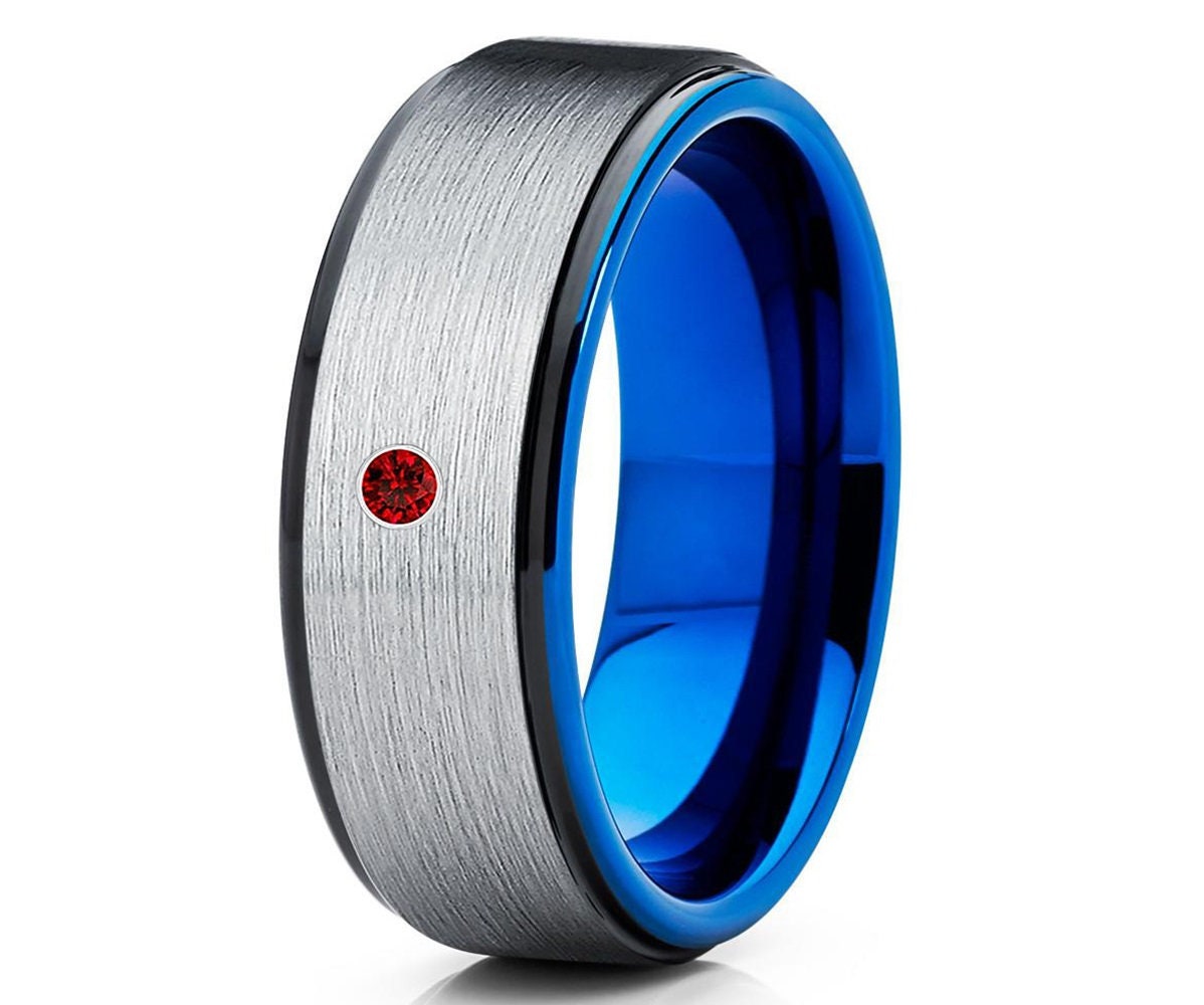 Rubin Wolfram Ehering, Blauer Ring, Silber Ring, Jahrestag Ring, Blauer Ehering, Einzigartiger Ehering, Comfort Fit von YorksJewelryDesign