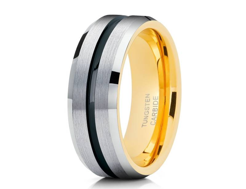 Schwarz Wolfram Ehering Gelbgold Wolframring 18K Silber Jubiläumsring Verlobungsring Komfort Fit Einzigartig von YorksJewelryDesign
