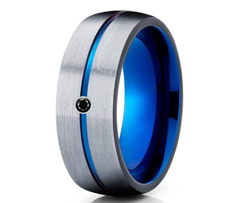 Schwarzer Diamant Ehering, Blauer Wolfram Ring, Grauer Ring, Jubiläumsring, Einzigartiges Ehering, Hartmetall Ring, 8mm & 6mm, Brush von YorksJewelryDesign