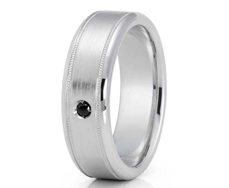 Schwarzer Diamant Ehering 14K Weißgold Herrenring Milgrain Design Ring Männer & Frauen Matt von YorksJewelryDesign