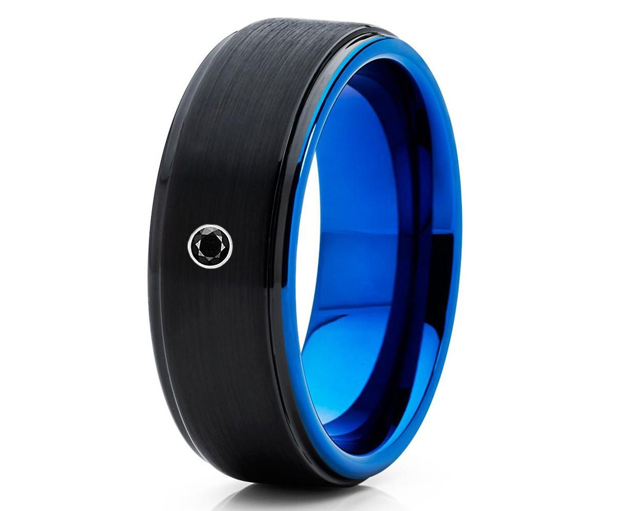 Schwarzer Ehering, Blaues Ehering, Wolfram Ehering, Wolframkarbid Ring, Verlobungsring, Blaues Ehering, Schwarzes Diamantband von YorksJewelryDesign