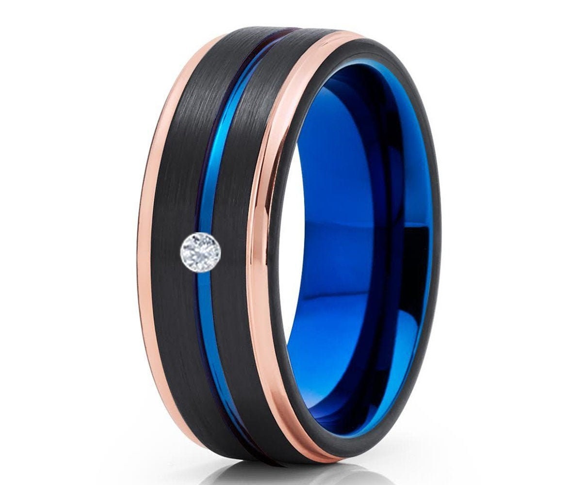 Schwarzer Ehering - Rosegold Einzigartiger Weißer Diamantring Blauer Comfort Fit Ring Jahrestag von YorksJewelryDesign