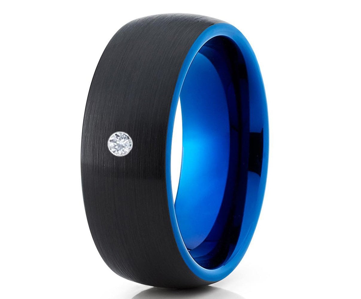 Schwarzer Wolfram Ehering, Blauer Ring, Jahrestag Ring, Schwarzes Ehering, Einzigartiger Ring, Herren & Frauen, Weißer Diamant Ring von YorksJewelryDesign