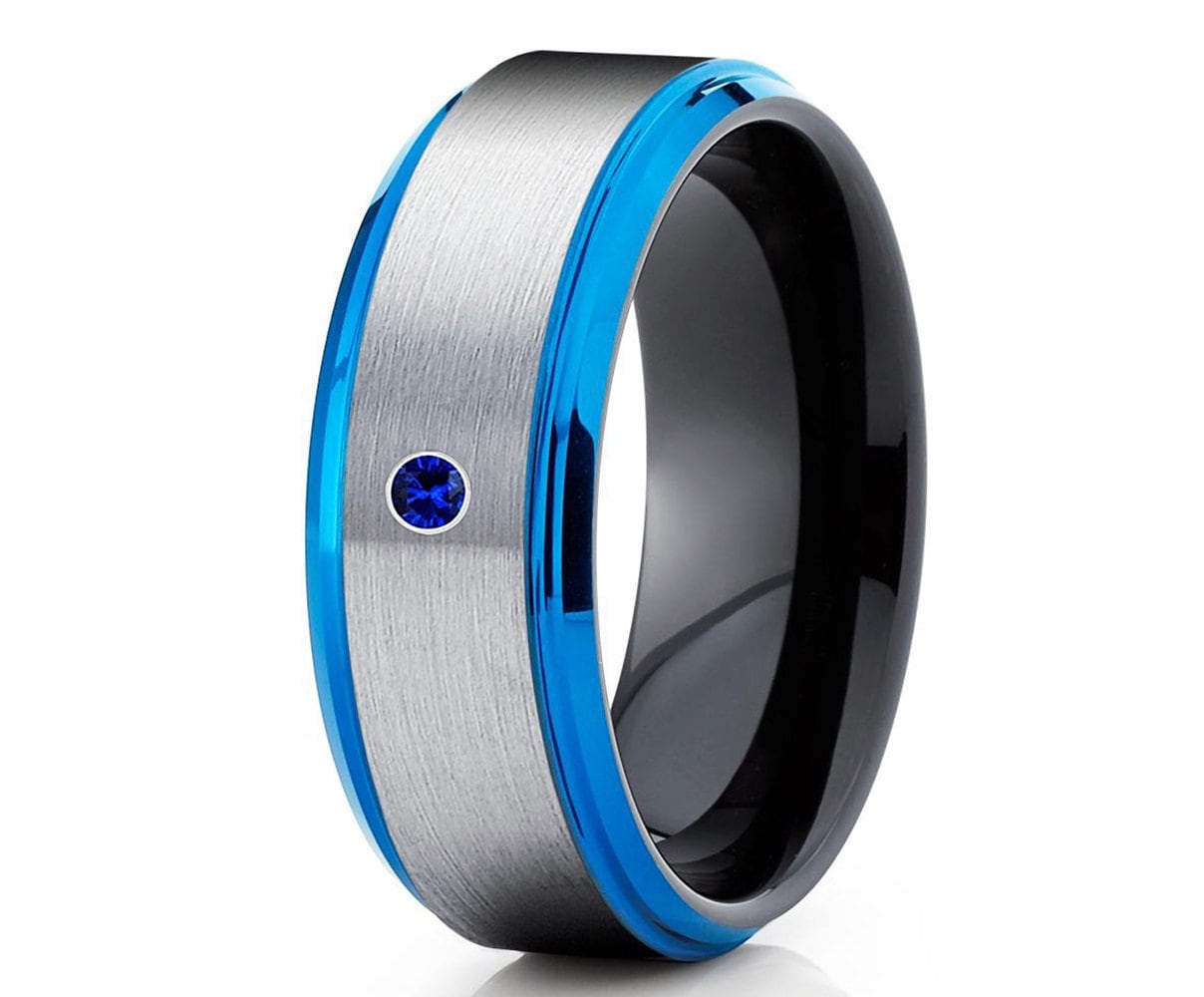 Tungsten Ehering, Blauer Wolfram Ring, Schwarzer Ehering, Grauer Ring, Jahrestag Ring, Blauer Trauring, Blauer Saphir Ring, Abgeschrägt von YorksJewelryDesign