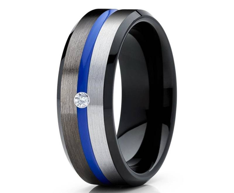 Weißer Diamant Ehering, Blauer Wolfram Ring, Hartmetall Ring, Jahrestag Ring, Verlobungsring, Weißer Ring, Comfort Fit Ring von YorksJewelryDesign