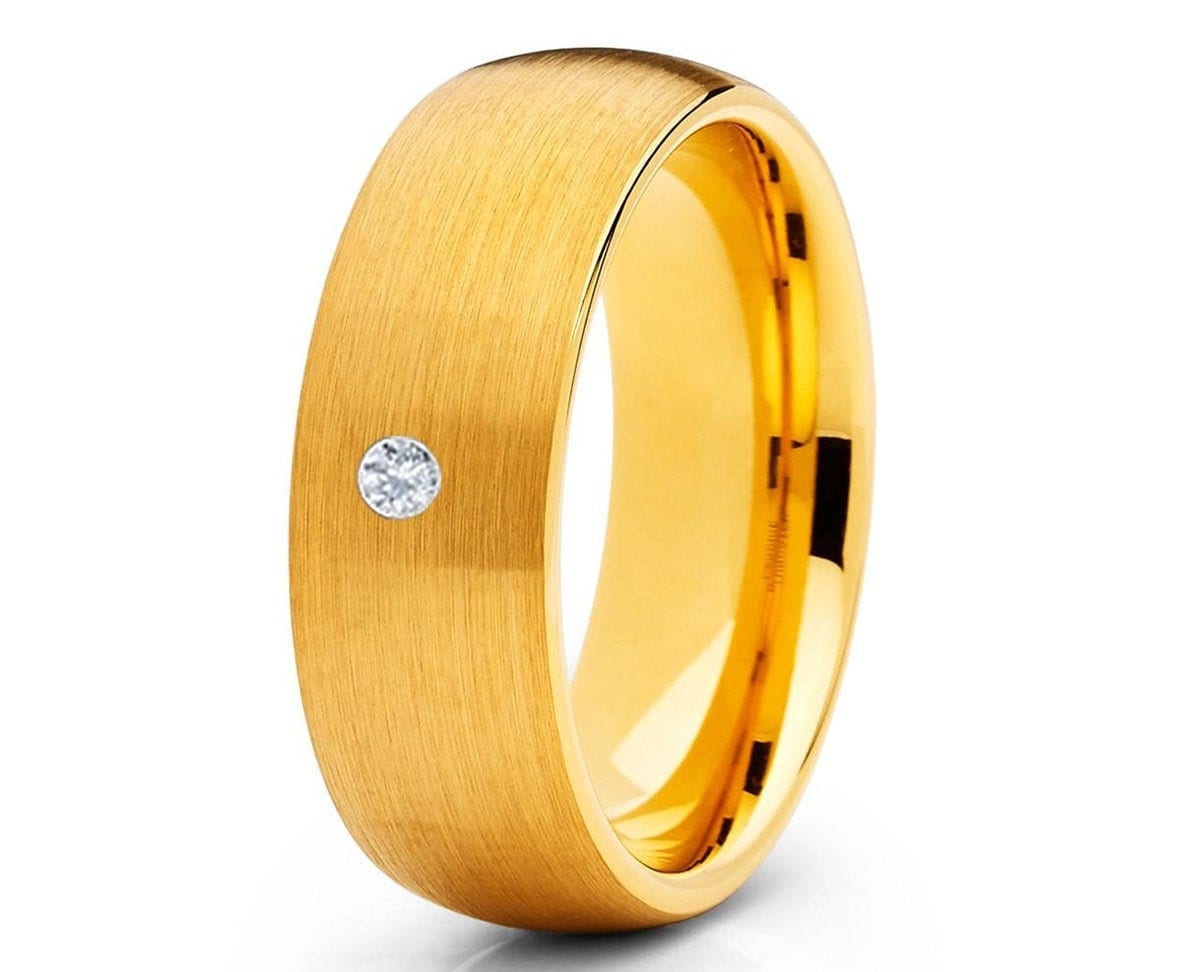 Weißer Diamant Ring - Wolfram Ehering Verlobungsring 18K Gelbgold Herren Ehering Damen Comfort Fit von YorksJewelryDesign