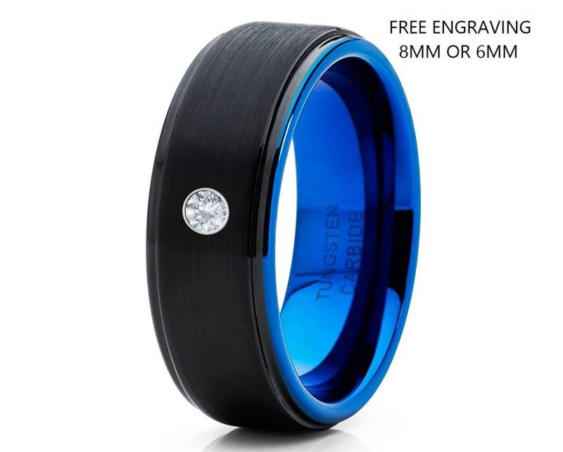 Weißer Diamant Wolframring Blauer Jubiläumsring Männer & Frauen Hartmetallring Comfort Fit Ring Schwarze Ehering von YorksJewelryDesign