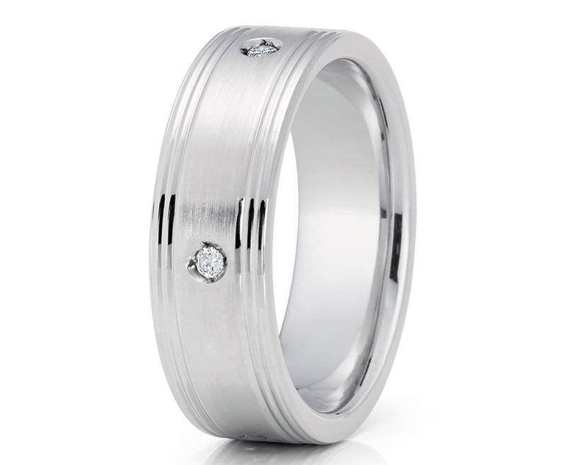 Weißgold Ehering Männer & Frauen Weißer Diamant Ring 14K Brush Groove Design Jubiläumsring von YorksJewelryDesign