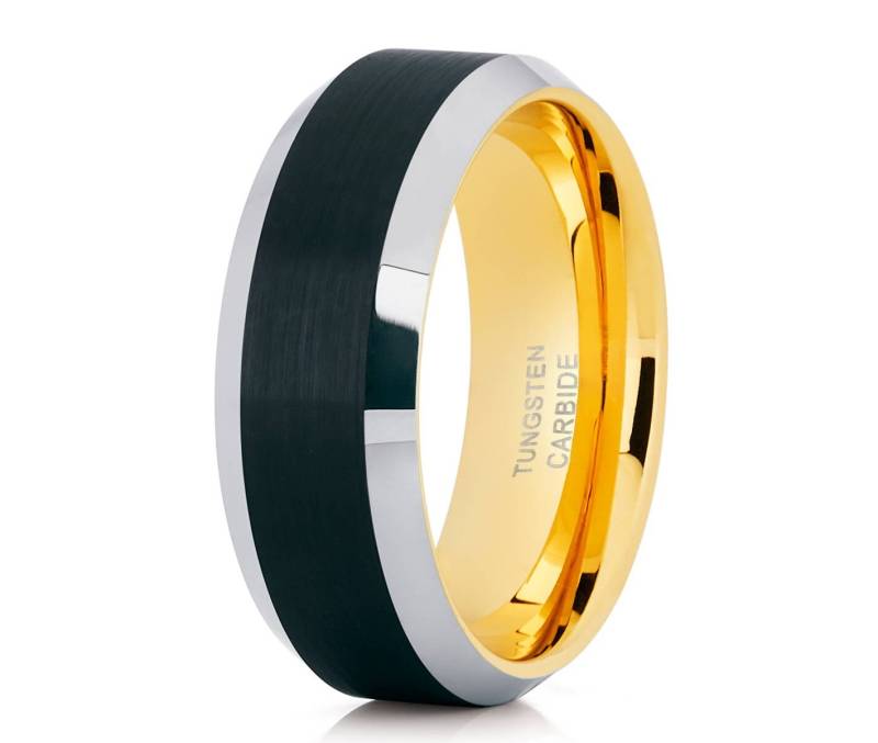 Wolfram Ehering Gelbgold Männer & Frauen Schwarz Ring Verlobung Jahrestag von YorksJewelryDesign