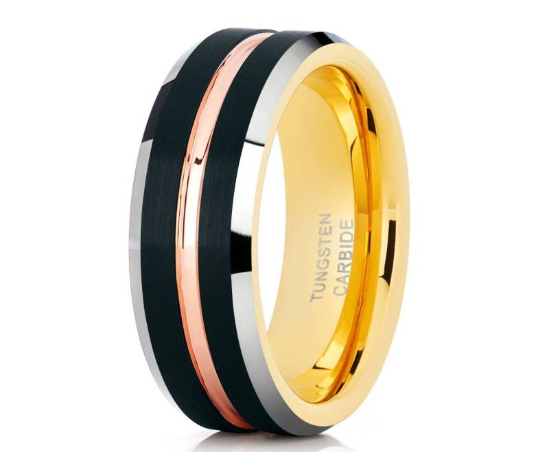 Wolfram Ehering Gelbgold Ring Männer & Frauen Rosegold Band Pinsel Schwarz von YorksJewelryDesign
