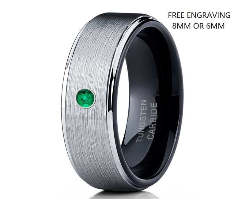 Wolfram Ring Smaragd Grün Herren Und Damen, Schwarz, Ehering Silber, Comfort Fit Band von YorksJewelryDesign