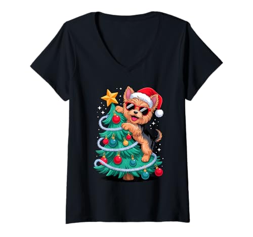 Damen Christmas Tree Yorkshire Terrier Sunglasses Yorkie Terriers T-Shirt mit V-Ausschnitt Damen Christmas Tree Yorkshire Terrier Sunglasses Yorkie Terriers T-Shirt mit V-Ausschnitt von Yorkshire Terrier Dog Lover Gifts