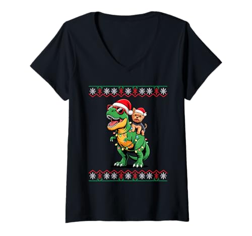 Damen Christmas Yorkshire Terrier T-Rex Dinosaur Yorkie T-Shirt mit V-Ausschnitt Damen Christmas Yorkshire Terrier T-Rex Dinosaur Yorkie T-Shirt mit V-Ausschnitt von Yorkshire Terrier Dog Lover Gifts