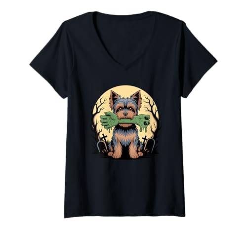 Damen Halloween Mond Zombie Hand Yorkshire Terrier Yorkie T-Shirt mit V-Ausschnitt Damen Halloween Mond Zombie Hand Yorkshire Terrier Yorkie T-Shirt mit V-Ausschnitt von Yorkshire Terrier Dog Lover Gifts