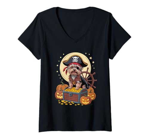 Damen Halloween Pirate Yorkshire Terrier Treasure Yorkie Terriers T-Shirt mit V-Ausschnitt Damen Halloween Pirate Yorkshire Terrier Treasure Yorkie Terriers T-Shirt mit V-Ausschnitt von Yorkshire Terrier Dog Lover Gifts