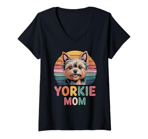 Damen Retro Yorkie Mom Yorkshire Terrier Terriers T-Shirt mit V-Ausschnitt Damen Retro Yorkie Mom Yorkshire Terrier Terriers T-Shirt mit V-Ausschnitt von Yorkshire Terrier Dog Lover Gifts