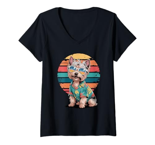 Damen Yorkshire Terrier Sonnenbrille Hawaii Strand Sommer Yorkie T-Shirt mit V-Ausschnitt Damen Yorkshire Terrier Sonnenbrille Hawaii Strand Sommer Yorkie T-Shirt mit V-Ausschnitt von Yorkshire Terrier Dog Lover Gifts