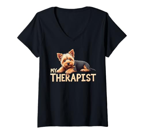 Damen Funny Yorkie Puppy My Therapist Yorkshire Terrier Hund T-Shirt mit V-Ausschnitt Damen Funny Yorkie Puppy My Therapist Yorkshire Terrier Hund T-Shirt mit V-Ausschnitt von Yorkshire Terrier Fun Designs