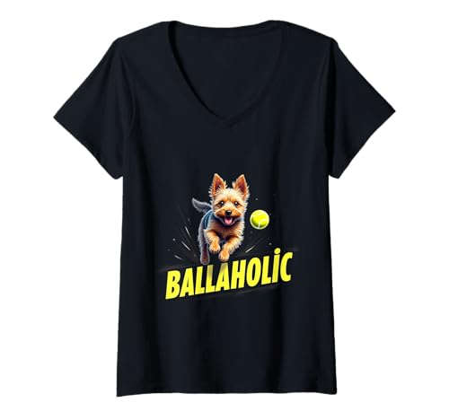 Damen Lustiger Ballaholic Yorkshire Terrier Hund Jagd Yorkie Ball T-Shirt mit V-Ausschnitt von Yorkshire Terrier Fun Designs