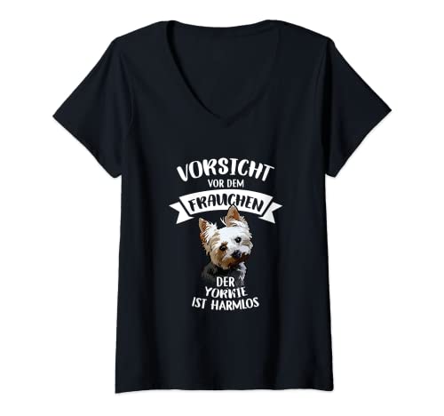 Damen Vorsicht Vor Dem Frauchen Der Yorkie Ist Harmlos Gassi T-Shirt mit V-Ausschnitt Damen Vorsicht Vor Dem Frauchen Der Yorkie Ist Harmlos Gassi T-Shirt mit V-Ausschnitt von Yorkshire Terrier Geschenk Für Hunde Mama