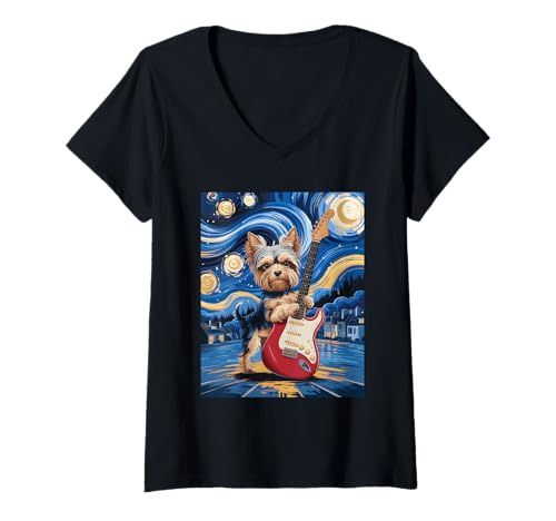Damen Yorkshire Terrier mit Sternennacht T-Shirt mit V-Ausschnitt Damen Yorkshire Terrier mit Sternennacht T-Shirt mit V-Ausschnitt von Yorkshire Terrier Guitar